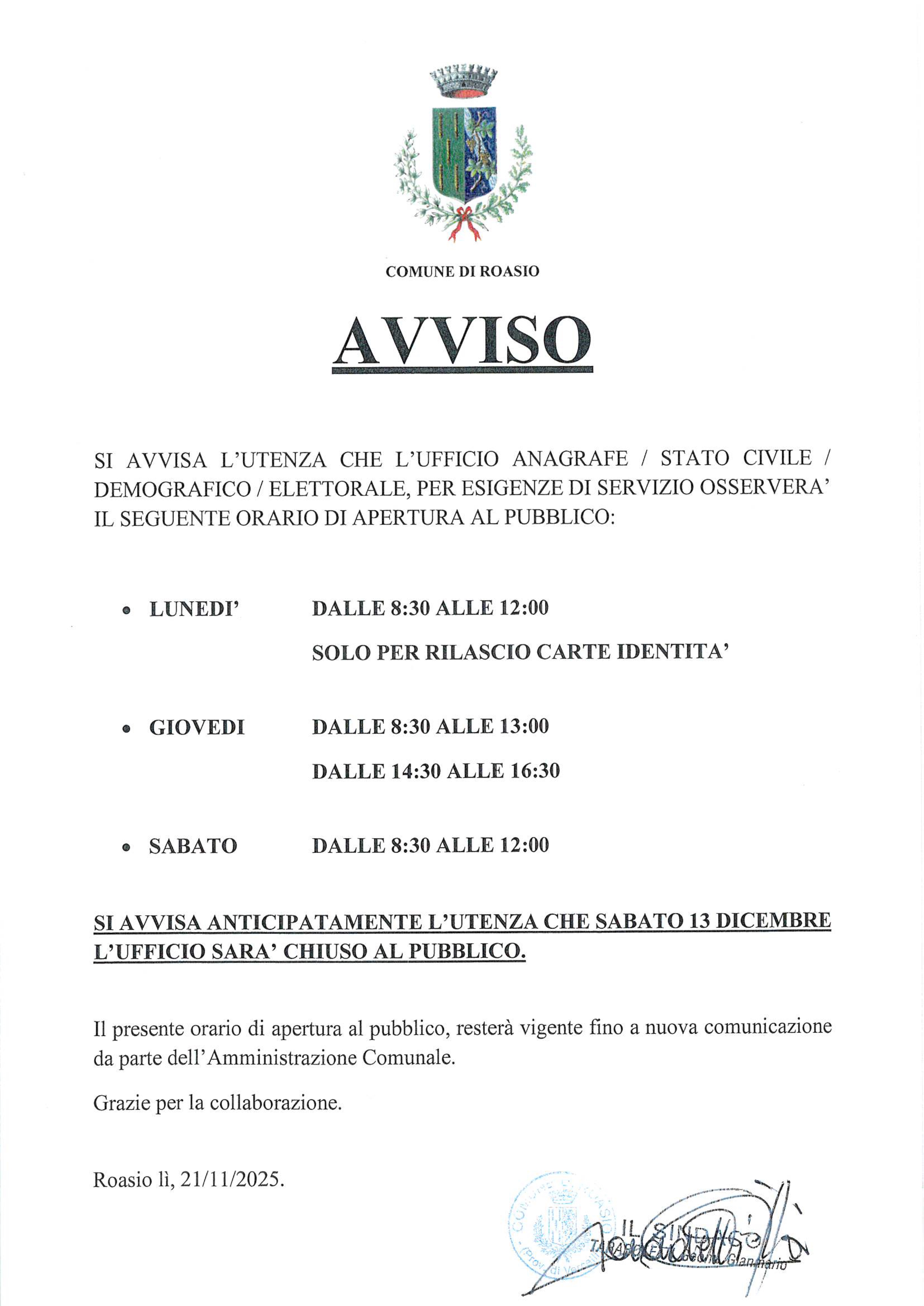 Avviso nuovo orario Ufficio Anagrafe