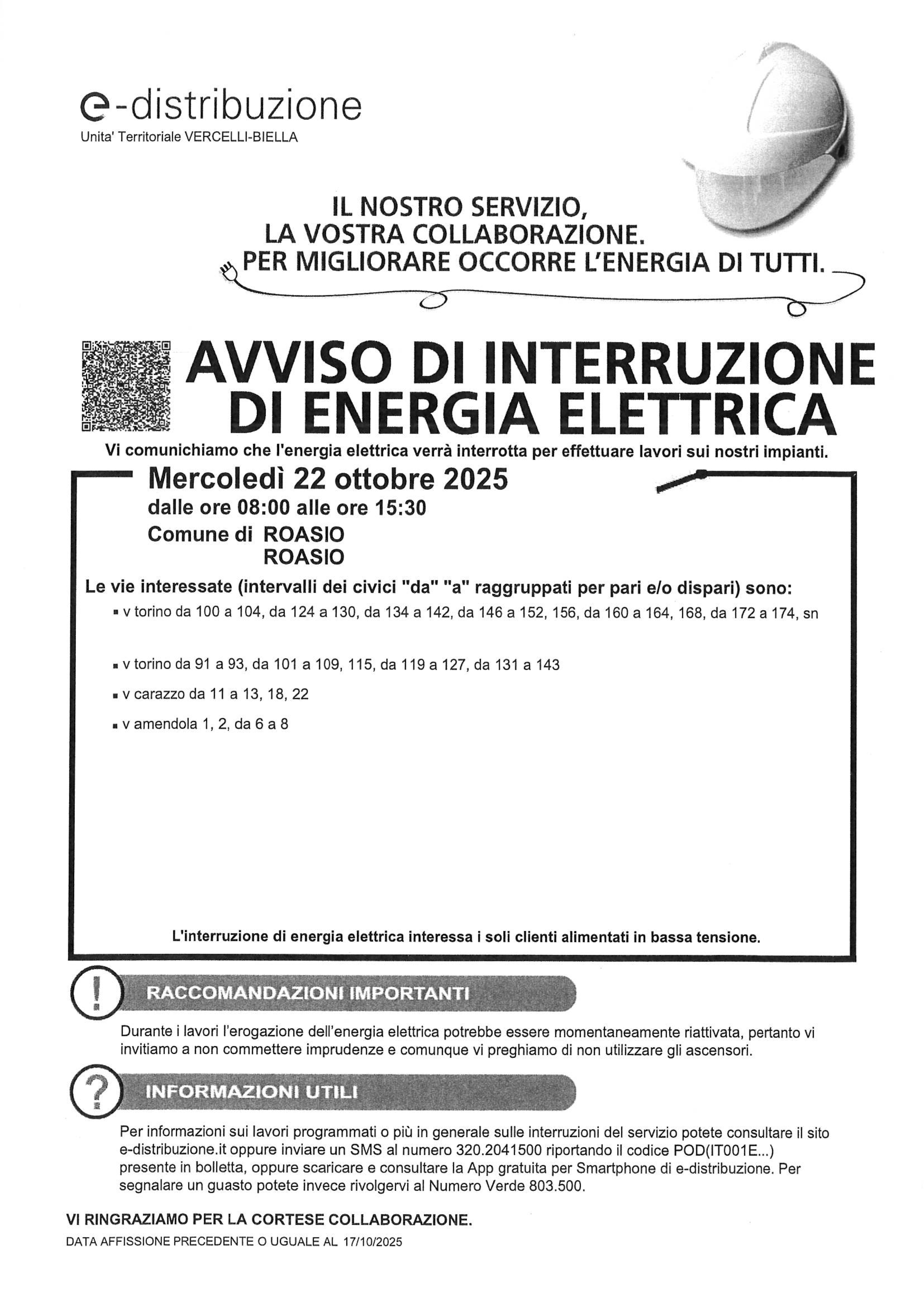 Avviso interruzione energia elettrica