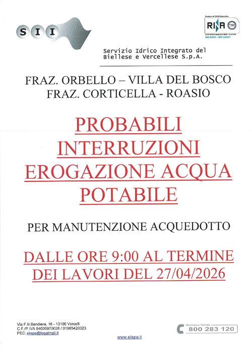 Avviso probabile interruzione erogazione acqua potabile